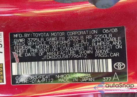 2008 Toyota Prius from USA, damaged, VIN JTDKB20U587796412